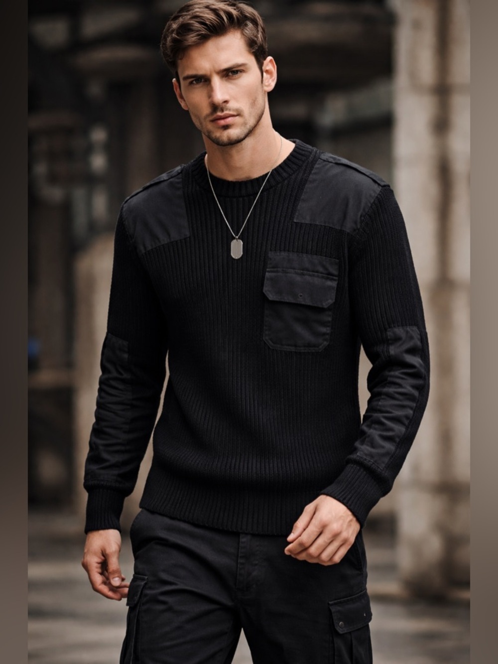 Vintage Men’s Black Utility Tactical Ribbed Sweater Bushline